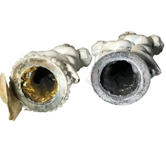 Twin Cherub Angels Cast Metal Candle Table Lamp Holders Distressed Parts Pieces Sculpture